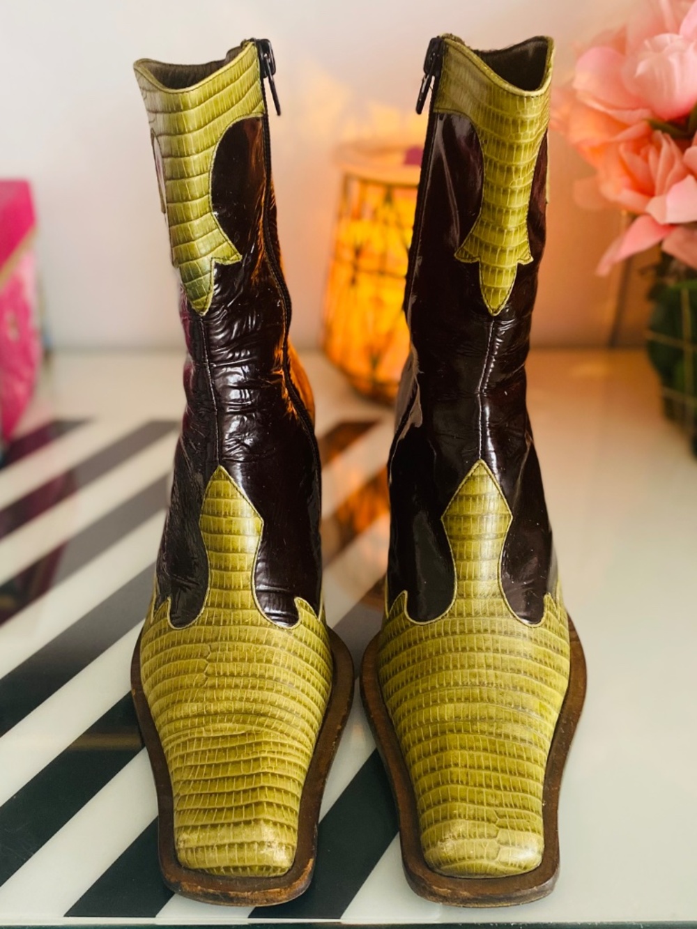 Juno Two Tone Brown & Olive Reptile Embossed Boots